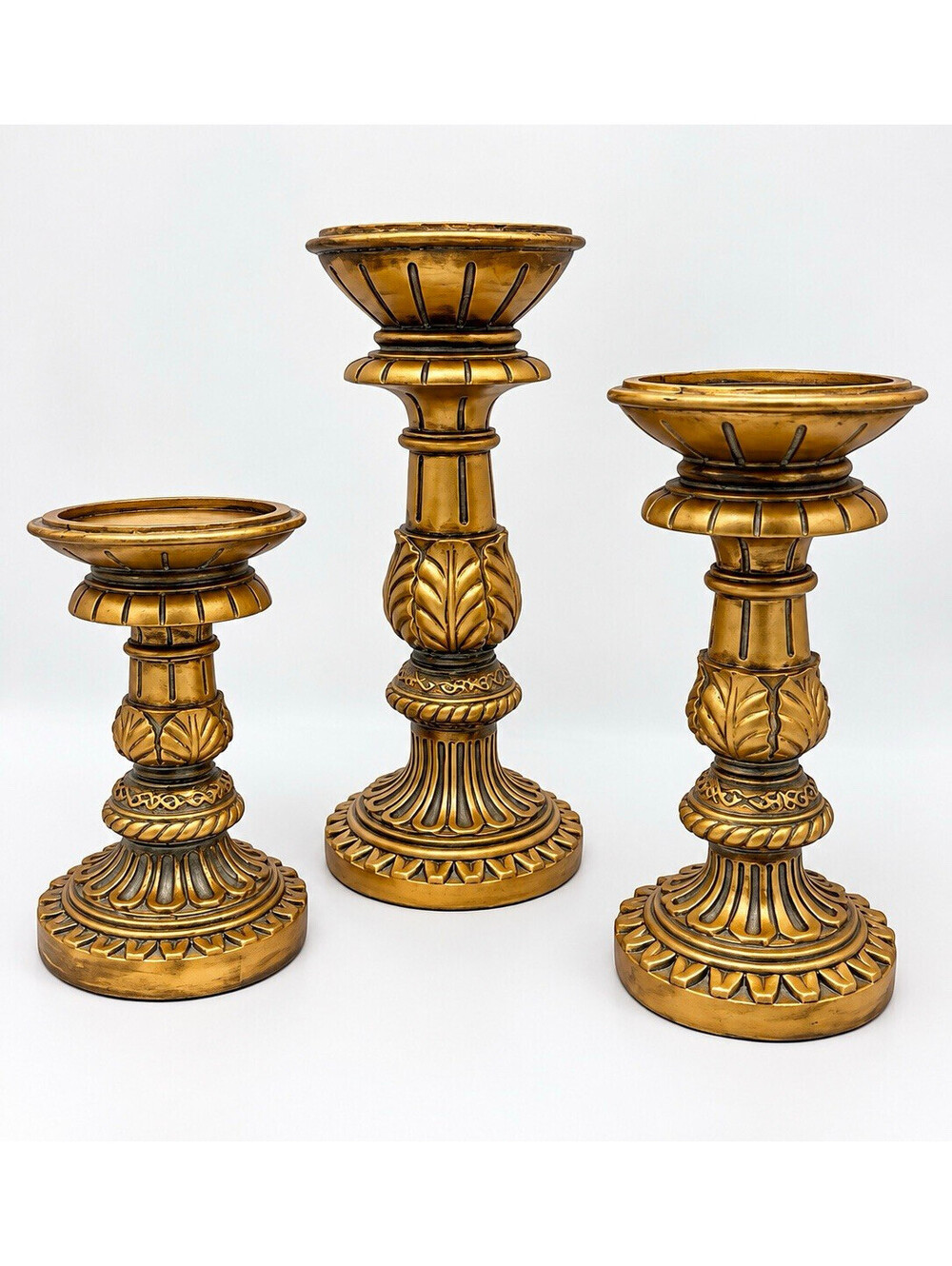 Set of 3 Gold Metal Pedestal Pillar Candle Holders Traditional Antique 12 in